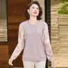 Suéter de punto de cuello redondo con mangas de gasa para otoño de madre de mediana edad, camiseta de punto de otoño para mujer de mediana edad, top básico