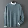 Suéter masculino de gola redonda 100% lã para outono e inverno, malha grossa em trança, caimento solto, camada base casual, top de suéter de malha de cashmere