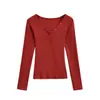 Chica Atrevida Sexy Cachemir Escote Corazón de Melocotón Ajustada Manga Larga 2025 Otoño e Invierno Abotonada Cintura Alta Elástica Camiseta Camiseta Base