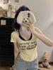 260g Hombre Algodón Spice Girl Letra Estampada Camiseta Falsa de Dos Piezas para Mujer Verano Puro Ajustado Manga Corta Top con Almohadilla en el Pecho