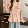 66635 Foto real, precio real Blusa francesa de cuello cuadrado con volantes para mujer, diseño único, top elegante de manga larga