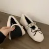 Sapatos Mary Jane com Laço de Strass e Pelo para Mulheres Outono e Inverno 2025 Novos Sapatos Baixos de Boca Rasa Forrados com Lã Vermelhos