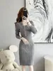 Thirteen Rows Vestido de Punto para Mujer Otoño/Invierno Temperamento Socialité Estilo Francés Coco Manga Larga Falda Bodycon Gris para Mujer