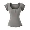 Blusa Feminina Verão Nova Manga Curta Levemente Transparente, Cintura Fina Estilo Mangas Curtas Voadoras, Gola Quadrada, Botões, Estilo Puro Desejo