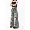 Jeans Rotos con Salpicaduras de Tinta Estilo Retro Wasteland Americano para Mujer, Nuevo Diseño de Verano, Pantalones Anchos Holgados de Cintura Alta