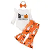 Disfraz de Halloween para Bebé Romper con Estampado de Letras y Mangas Abullonadas Pantalones de Campana de Calabaza, Fantasma, Murciélago y Diadema Juego de Tres Piezas
