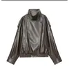 Moda europea y americana transfronteriza AliExpress superventas elegante chaqueta de cuero PU tipo piel de lichi con cuello alto