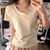 Camiseta de Manga Corta con Hombro Descubierto y Cuello Redondo para Mujer, Top Básico de Algodón Puro Ajustado de Verano, Estilo Dulce