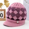 Chapéu de inverno para mulheres de meia-idade e idosas, mãe, com veludo extra, quente, de lã tricotada, proteção contra o frio para senhoras, com pelo de coelho, aba larga, chapéu de algodão