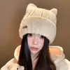 Gorro de Tricô Estilo Fair Isle com Orelhas de Gato Fofas para Mulheres, Gorro Quente de Inverno com Forro de Fleece, Gorro de Tricô Emagrecedor
