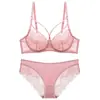 Conjunto de sujetador de encaje transparente ultrafino estilo europeo y americano para mujer, diseñado para hacer que los senos grandes parezcan más pequeños, con soporte antigravedad y elevación, conjunto de lencería sexy