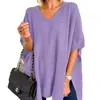 Capa suéter de moda transfronteriza europea y americana para mujer con mangas murciélago, jersey de punto de color liso con cuello en V, corte holgado, suéter de moda al por mayor