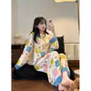 Pijama lindo con estampado de gato de dibujos animados para mujer, colección de otoño, talla grande, pantalones de manga larga, cuello de solapa, conjunto de loungewear, se puede usar como ropa exterior