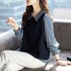 Camisa Falsa de Dos Piezas para Mujer 2025 Otoño Nuevo Estilo Moda y Reductora de Edad Holgada Talla Grande Diseño con Aspecto Adelgazante Top