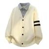 Jaqueta cardigã de tricô falsa de duas peças para homens, novo suéter com gola de camisa para primavera e outono, suéter casual folgado estilo universitário