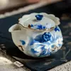 Tetera de Peonías Glaseada con Soda para Uso Doméstico, Tetera de Mano con Tapa, Juego de Té Kung Fu Individual de Alta Gama con Taza de Té Antiescaldable con Borde Dorado