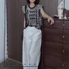 25337 Big Aimei Yiyuan Verano 2025 Nuevo Estilo Francés Retro Top sin Mangas Estampado Pantalones Casuales de Pierna Ancha para Mujer