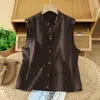 Chaleco Corto Suelto de Algodón y Lino con Cuello Mao Estilo Ropa de Trabajo Vintage para Verano 2026 con Bolsillos Dobles, Chaleco de una Sola Capa Casual y Versátil