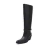 Versão em couro~Botas femininas longas com salto grosso, botas de salto alto bico fino de uso duplo, botas longas com alça cruzada, botas de montaria vintage com cadarço