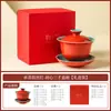 Taza de té Gaiwan de Cerámica Roja Palacio Imperial Hecha en Fábrica de Tres Piezas para Uso en Casa, Juego de Té Kung Fu de Gama Alta con Tapa que No Quema las Manos