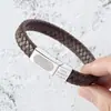 Pulsera Popular Simple Transfronteriza para Hombres, Pulsera de Cuero Tejida a Mano Retro de Moda con Pulsera de Acero Inoxidable Grabada