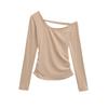 Top Feminino Assimétrico Tendência Ombro a Ombro com Design Único, Camiseta Irregular de Manga Curta Franzida