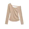 Camiseta Asimétrica de Manga Larga para Mujer, Nueva Camisa Base Sexy sin Espalda Off-Shoulder Otoño/Invierno con Top Curvo Fruncido
