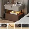 Mesa de cabeceira flutuante em estilo minimalista italiano com iluminação integrada, armário de armazenamento de madeira maciça de luxo leve para quarto de casa