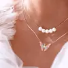 Colar Camadas com Pingente de Borboleta e Pérolas Artificiais Amazon Cross-border Fashion Design Corrente para Clavícula Joia para Mulheres