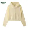 Moletom feminino curto com capuz, gola semi-alta e zíper, feito de fleece pesado de 400g, top da moda outono e inverno, pode ser estampado