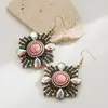 Ganchos de Oreja Exagerados Europeos y Americanos He Ming Transfronterizos, Pendientes y Aretes Asimétricos Retro Personalizados con Incrustaciones de Diamantes y Turquesa Calada