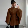 Ropa de mujer transfronteriza europea y americana 2026 elegante con cuello alto, cinturón de corbata, estilo capa, elegante abrigo de lana