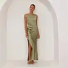Novedades Primavera y Verano 2026 Ropa para Mujer Color Sólido Sexy Espalda Descubierta Abertura Falda de Longitud Media Vestido sin Mangas de Tirantes para Mujer