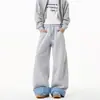 Calça de Moletom Esportiva Xadrez Color Block Estilo Americano para Homens e Mulheres, Outono Preguiçosa Solta de Perna Larga Casual Longa