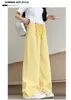Pantalones de pierna ancha a cuadros de color contrastante para mujer, pantalones casuales rectos de cintura alta con cordón, pantalones fluidos hasta el suelo en negro y amarillo