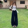 Jeans de Mezclilla de Pierna Ancha para Mujer, Nuevos Pantalones de Cintura Alta Sueltos Adelgazantes Azul Oscuro de Pierna Recta hasta el Piso