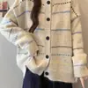 Estilo casual, color café, cárdigan de punto a rayas color block, suéter nuevo de otoño/invierno para mujer, corte holgado, top de cuello redondo