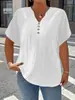 Roupa Feminina Plus Size 2025 Nova Cor Sólida Gola V Botão Manga Curta Top Venda Quente Transfronteiriça Amazon Confortável e Solto