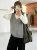 Suéter de punto de dos piezas falso con cuello redondo para mujer talla grande, colección otoño 2026, top en capas de manga larga para mujer talla grande