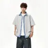 Camisa Masculina de Manga Curta Patchwork Xadrez Retro Americana 2026 Verão Marca Tendência Solta Casal Casual Camisa Falsa de Duas Peças