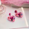 Brincos Coração de Diamante Colorido Rosa Vibrante Moda Dopamina Único Estiloso Doce Exagerado Sexy