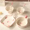 Juego de Tazón y Plato de Fresa, Vajilla Doméstica para Una Persona, Cuenco de Arroz de Cerámica, Bol para Fideos, Bonito Plato para Hornear, Creativo Bol para Frutas