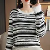 Estilo Novo Primavera e Outono 100% Algodão Tricô Gola Redonda Versão Coreana Simples Cor Contrastante Listrado Manga Longa Moda Blusa Feminina