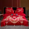 Novo conjunto de quatro peças bordado para casamento 2026 100% algodão, apresentando um design luxuoso e elegante com algodão de fibra longa, em estilo chinês tradicional e na cor vermelha vibrante para casamentos
