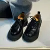 Versão em Pele de Ovelha ~ Sapatos Pequenos de Couro Genuíno Britânico com Cadarço e Sola Grossa para Mulheres, Estilo Preppy Retro Versátil Mocassins de Salto Grosso com Bico Arredondado