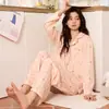 Algodón Puro Manga Larga Pantalón Largo Otoño Ropa de Dormir Cardigan con Solapa Gato Pequeño Lazo Todo Algodón Ropa para Casa Conjunto de Dos Piezas Se Puede Usar Afuera