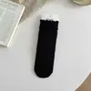 Calcetines con Borde de Doble Volante para Mujer, Calcetines de Media Pantorrilla, Calcetines de Algodón para Todas las Estaciones, Calcetines Holgados de Color Sólido Estilo Ins, Calcetines de Encaje Versátiles para Mujer