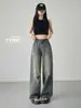 Jeans Americano Retro de Cintura Alta Rasgado para Homens e Mulheres, Primavera e Verão, Calças Longas Retas Largas Slimming Wide-Leg, Algodão