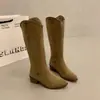 Botas western de talla grande con eje plegable y hebilla metálica en ante marrón mate, botines de estilo chino nuevo para adelgazar, slip-on
