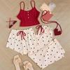 Pijamas de Amor para Mujer en Primavera y Verano, Dulce y Lindo Conjunto de Tres Piezas, Shorts de Tirantes de Algodón de Alta Gama, Pantalones, Ropa de Casa Sexy